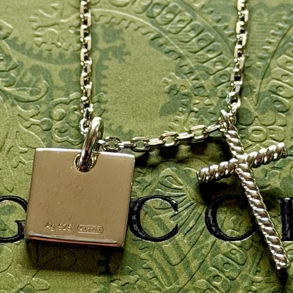 Gucci Sterling Silver Cross & Logo Tag Pendant Necklace - Box Included - Picture 3 of 9